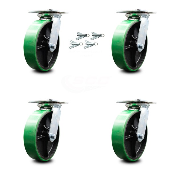 8 Inch Green Poly on Cast Iron Caster Set with Ball Bearings and Swivel Locks